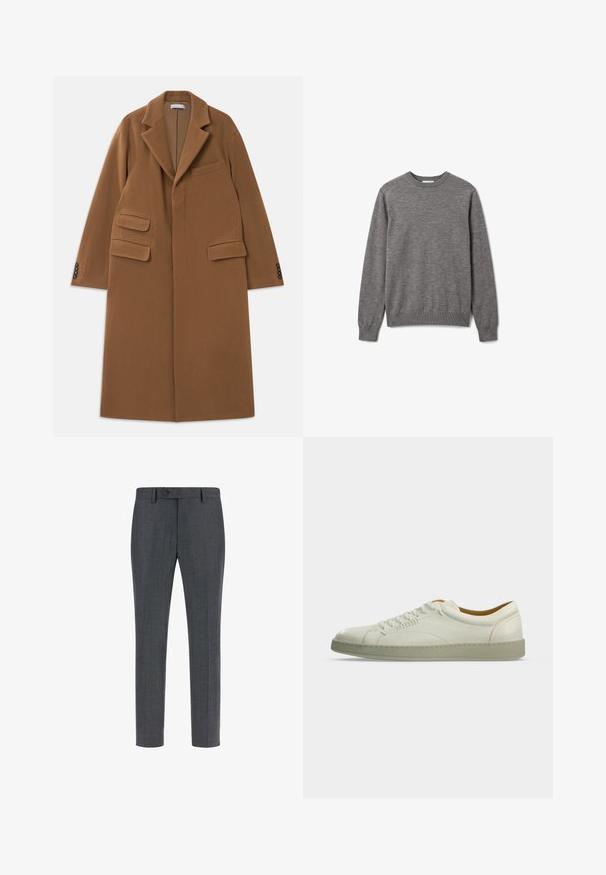 Long manteau en laine couleur camel avec de larges revers, trois poches à rabat, quatre boutons sombres sur les poignets et fermeture frontale dissimulée.; Pull gris pour homme à manches longues et col rond, avec poignets et ourlet côtelés, orné d'un petit logo discret sur la poitrine gauche.; Pantalons ajustés gris foncé en laine mélangée texturée, avec une taille plate, des poches latérales et une fermeture à bouton unique. Design slim fit.; Baskets basses en cuir blanc avec semelle beige, lacets latéraux et détails de couture minimalistes, présentées sur un fond gris clair uni.