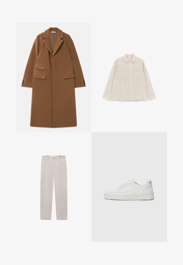 Long manteau en laine couleur camel avec de larges revers, trois poches à rabat, quatre boutons sombres sur les poignets et fermeture frontale dissimulée.; Chemise beige à manches longues avec boutons, deux poches poitrine et col classique, étalée à plat sur un fond blanc.; Pantalons beige clair en tissu doux, présentant une coupe droite, deux poches latérales et une fermeture par bouton à l'avant. Texture légère et lisse.; Baskets en cuir blanc avec une finition lisse, bout arrondi, lacets plats et semelle texturée. Présente un logo discret sur le talon.