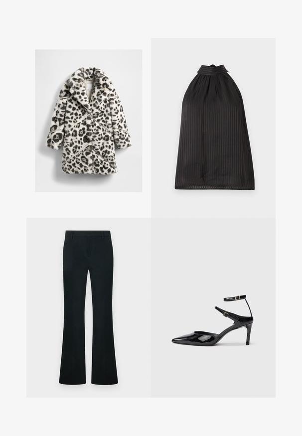 Manteau en fausse fourrure imprimé léopard avec un design à double boutonnage, de larges revers et des coutures diagonales dans des tons de noir et de crème.; Haut dos nu noir à rayures verticales, doté d'un col montant et d'un tissu froncé. Le matériau semble léger et légèrement transparent.; Pantalon noir taille haute avec jambes évasées, passants pour ceinture, et fermeture frontale dissimulée, présenté sur un fond uni.; Talons en cuir verni noir avec un bout pointu, des sangles de cheville ajustables et un talon fin. Texture lisse avec une finition brillante.