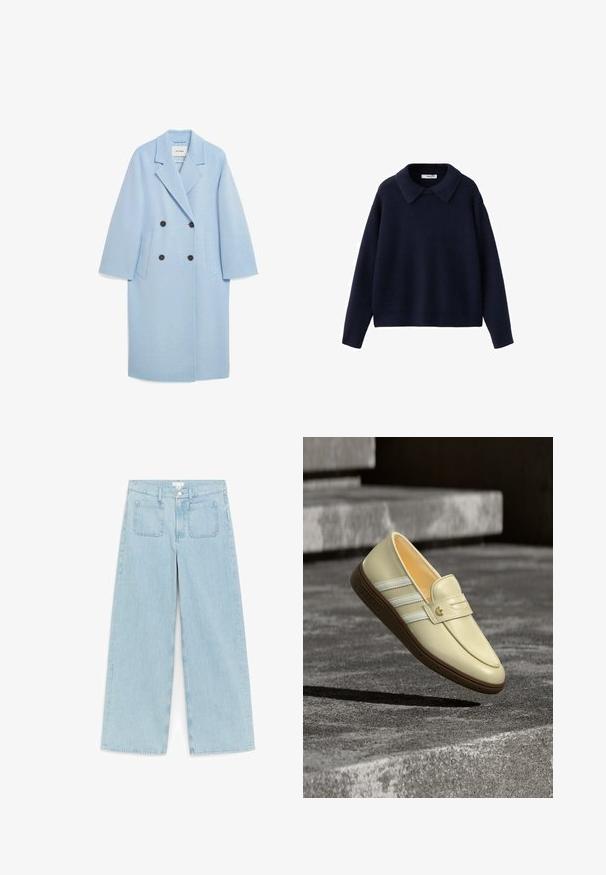 Manteau en mélange de laine bleu clair avec un design croisé, revers crantés, deux poches avant et boutons foncés, présentant une coupe décontractée.; Pull en tricot bleu marine à manches longues avec un large col pointu et une coupe décontractée sur fond blanc.; Jean en denim bleu clair à jambes larges avec poches plaquées devant, passants pour ceinture et fermeture par bouton à la taille.; Mocassin beige Adidas avec des rayures blanches et une semelle marron flottant au-dessus de marches en pierre texturée à l'extérieur.