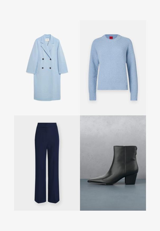 Manteau en mélange de laine bleu clair avec un design croisé, revers crantés, deux poches avant et boutons foncés, présentant une coupe décontractée.; Pull tricoté bleu clair avec une texture côtelée, un col rond et un détail tissé à la taille. Manches longues avec poignets ajustés.; Pantalon large taille haute bleu marine avec fermeture avant dissimulée et coupe ajustée.; Bottine en cuir noir avec un bout pointu et un talon modéré, présentant une texture lisse et un design minimaliste, placée sur un fond à motifs.
