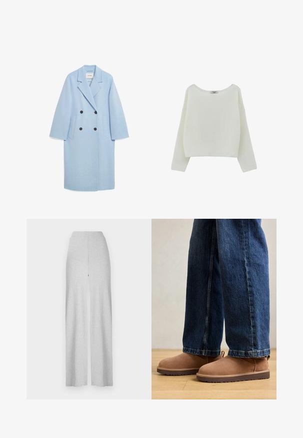 Manteau en mélange de laine bleu clair avec un design croisé, revers crantés, deux poches avant et boutons foncés, présentant une coupe décontractée.; Pull en tricot blanc avec un large col, des épaules tombantes et des manches longues. La texture est côtelée et la coupe est décontractée.; Pantalons larges côtelés gris clair avec une taille haute et une fente avant. Fabriqués en tissu doux avec une texture lisse.; Bottines en daim marron avec une semelle plate, un bout arrondi et une petite languette, associées à un jean en denim bleu de coupe droite.