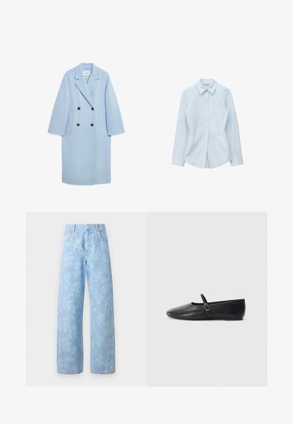 Manteau en mélange de laine bleu clair avec un design croisé, revers crantés, deux poches avant et boutons foncés, présentant une coupe décontractée.; Chemise bleu clair à manches longues boutonnée, avec col pointu et taille cintrée, présentée sur un fond blanc uni.; Mads Nørgaard ART CHRISTEL - Jean boyfriend - light denim; Ballerines noires en cuir avec un bout pointu, une semelle plate et une petite sangle avec un détail de boucle en argent.