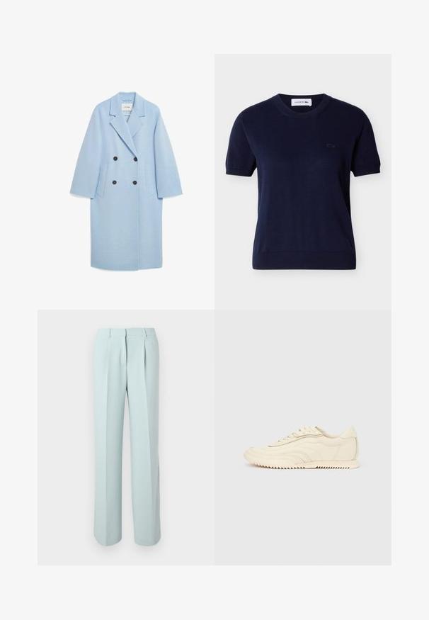 Manteau en mélange de laine bleu clair avec un design croisé, revers crantés, deux poches avant et boutons foncés, présentant une coupe décontractée.; Haut tricoté à manches courtes bleu marine avec encolure ronde, ourlets côtelés et petit logo Lacoste brodé sur le côté gauche de la poitrine.; Pantalon bleu clair taille haute avec plis devant, passants de ceinture et jambes larges et droites sur un fond blanc.; Baskets basses de couleur crème avec des coutures ondulées, une fermeture à lacets et une semelle crantée, vues de côté sur un fond uni.