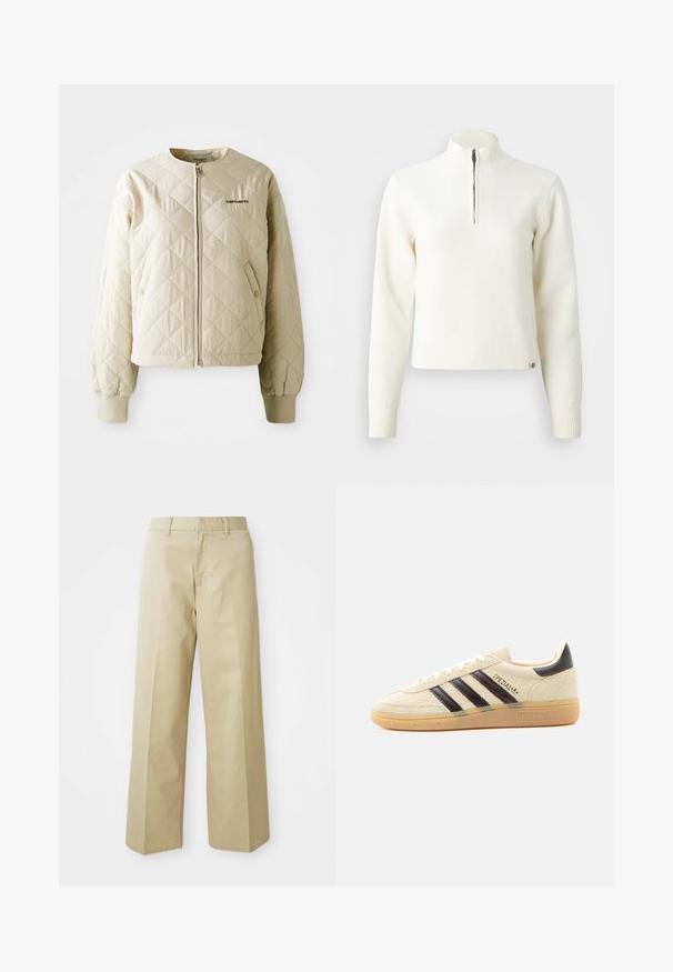 Veste matelassée beige avec un col rond, fermeture éclair à l'avant et poches à rabat. Manches élastiques et ourlet, avec un logo sur le côté gauche de la poitrine.; Pull-over blanc à col zippé et manches longues. Fabriqué en matériau tricoté doux, avec des poignets et un ourlet côtelés. Logo de la marque subtil à l'ourlet.; Pantalons beige à jambes larges en coton avec une texture lisse. Présentent une coupe droite, des passants de ceinture et des poches avant.; Baskets en daim crème avec des rayures noires, semelle en gomme, languette noire au talon et texte doré "SPEZIAL" sur le côté.
