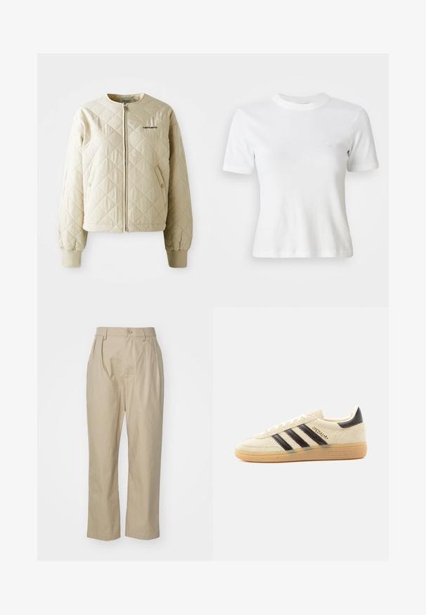 Veste matelassée beige avec un col rond, fermeture éclair à l'avant et poches à rabat. Manches élastiques et ourlet, avec un logo sur le côté gauche de la poitrine.; T-shirt blance à manches courtes en côte, avec un col rond et un petit logo sur la poitrine. Fabriqué en tissu doux avec une coupe ajustée.; Pantalons beiges en coton, avec une coupe décontractée, des plis avant, une fermeture à un bouton et des jambes droites avec des ourlets cousus.; Baskets en daim crème avec des rayures noires, semelle en gomme, languette noire au talon et texte doré "SPEZIAL" sur le côté.