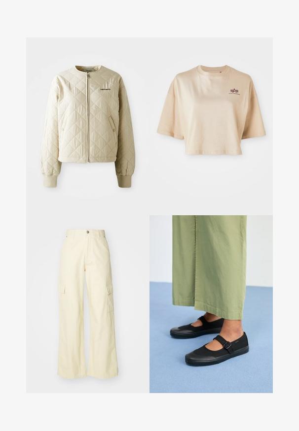 Veste matelassée beige avec un col rond, fermeture éclair à l'avant et poches à rabat. Manches élastiques et ourlet, avec un logo sur le côté gauche de la poitrine.; T-shirt beige cropped en coton, avec des manches courtes, un col rond et un graphique de logo marron sur la poitrine gauche.; Pantalons cargo à jambes larges en coton jaune clair. Comprend deux poches latérales et une fermeture à bouton. Texture lisse avec une coupe décontractée.; Baskets noires en toile avec un bout arrondi, une semelle en caoutchouc et une sangle à boucle. Associées à un pantalon ample de couleur vert clair.