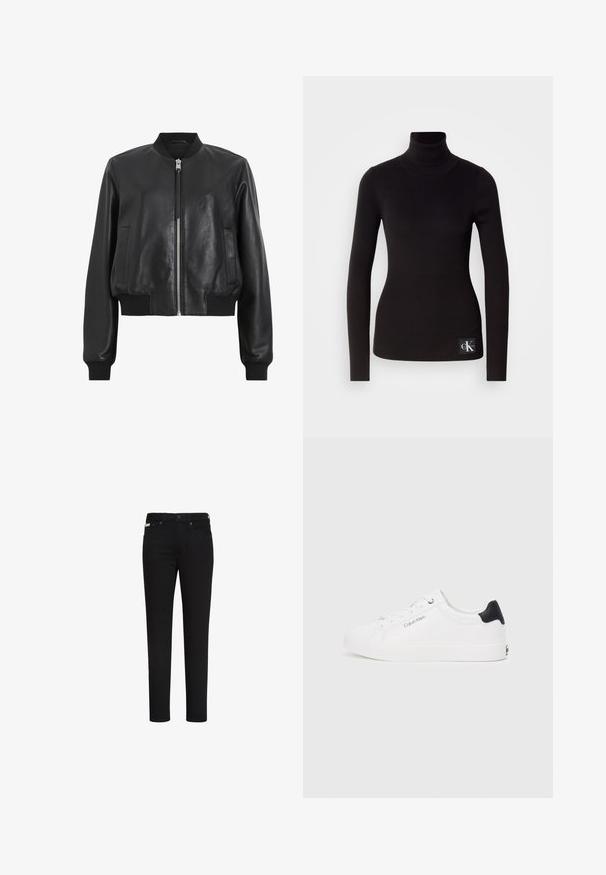 Musta nahkainen pommitakki, jossa on etuvetskari, ribatty kaulus ja hihansuut sekä kaksi sivutaskua. Silkkinen rakenne ja lyhyt design.; Mustavilla ribikeulahatulla turtleneckilla varustettu neulepaita, jossa on pitkät hihat ja tiukka siluetti; vasemmassa alasivussa on logopatch.; Mustat slim-fit-farkut, joissa edessä nappi ja vetoketju, joissa edessä ja takana taskut sekä pieni merkki oikeassa etutaskussa.; Valkoiset tennarit, joissa on musta nahkainen kantakappale. Ominaisuuksiin kuuluu sileä pinta, nauhakiinnitys edessä ja huomaamaton "Calvin Klein" -logo sivussa.