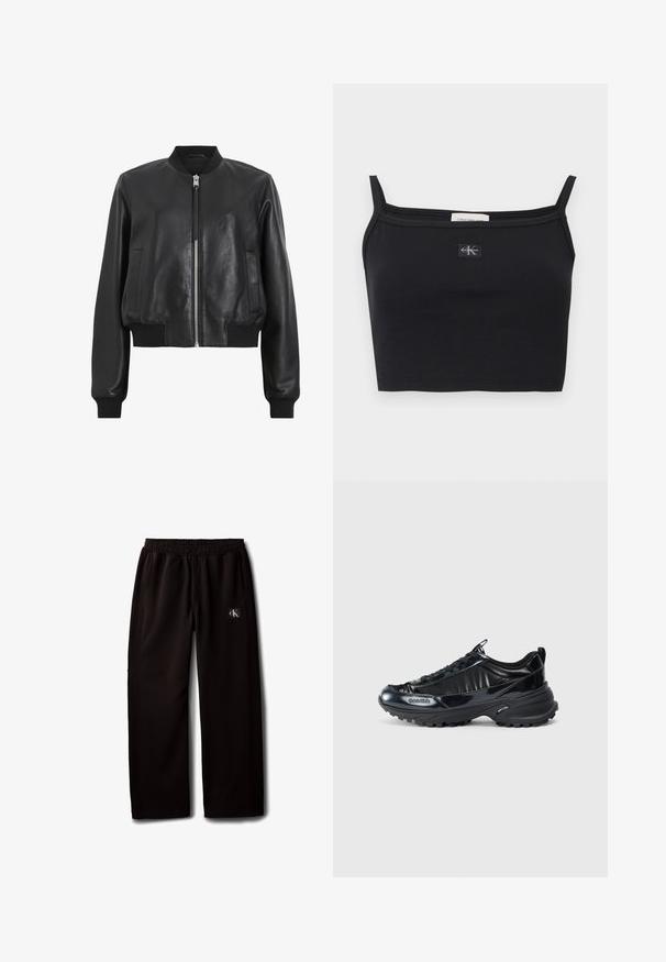 Musta nahkainen pommitakki, jossa on etuvetskari, ribatty kaulus ja hihansuut sekä kaksi sivutaskua. Silkkinen rakenne ja lyhyt design.; Musta ribbineuloksinen crop-toppi ohuilla olkaimilla ja pienellä Calvin Klein -logopohjallisella rinnassa keskellä.; Mustat leveälahkeiset housut, joissa on joustava vyötärönauha ja sivutaskut, ja oikeassa reidessä pieni Calvin Klein -logopläkki.; Mustat kiiltävät lenkkarit, joissa on kaareva yläosa, teksturoitu kumipohja ja nauhakiristys. Sivussa brändäys ja takana vetotappi.