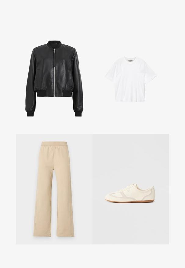 Chaqueta bomber de cuero negro con cremallera frontal, cuello y puños acanalados, que presenta dos bolsillos laterales. Textura suave y diseño corto.; Camiseta blanca de manga corta con cuello redondo y pequeño bolsillo en el pecho, mostrada plana sobre un fondo blanco.; Pantalones beige de pierna ancha con cintura elástica y detalles mínimos de costura, mostrados sobre un fondo liso y claro.; Zapatillas de color crema con parte superior de ante y tela, puntera redondeada y suela de goma con un detalle en beige. Diseño con cordones.
