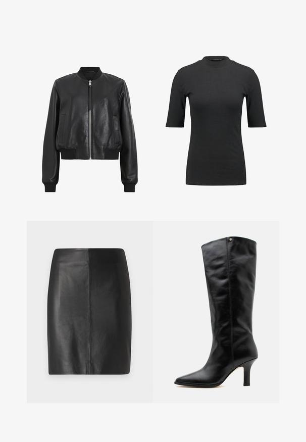 Veste bomber en cuir noir avec fermeture éclair à l'avant, col et poignets côtelés, dotée de deux poches latérales. Texture lisse et design court.; T-shirt noir à côtes avec un col montant et des manches courtes. Design lisse et ajusté sans motifs ni détails matériels visibles.; Jupe en cuir noir avec une coupe ajustée et une texture lisse, présentant une couture centrale à l'avant et une silhouette épurée et minimaliste.; Botte en cuir noire mi-mollet avec bout pointu et talon moyen fin, avec un petit logo métallique près du bord supérieur.