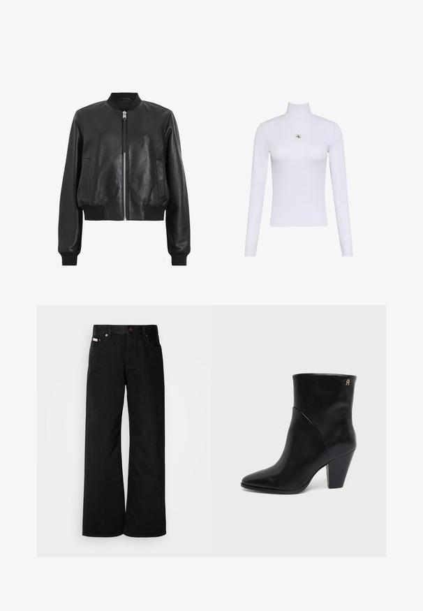 Veste bomber en cuir noir avec fermeture éclair à l'avant, col et poignets côtelés, dotée de deux poches latérales. Texture lisse et design court.; Haut blanc à manches longues avec col roulé et petit écusson du logo Calvin Klein centré sur la poitrine.; Jean large noir en coton. Présente des poches avant, une fermeture à bouton, et une texture denim classique. Design minimaliste sans motifs.; Bottine en cuir noir à bout pointu, talon carré et petit logo doré près du bord supérieur sur le côté extérieur.