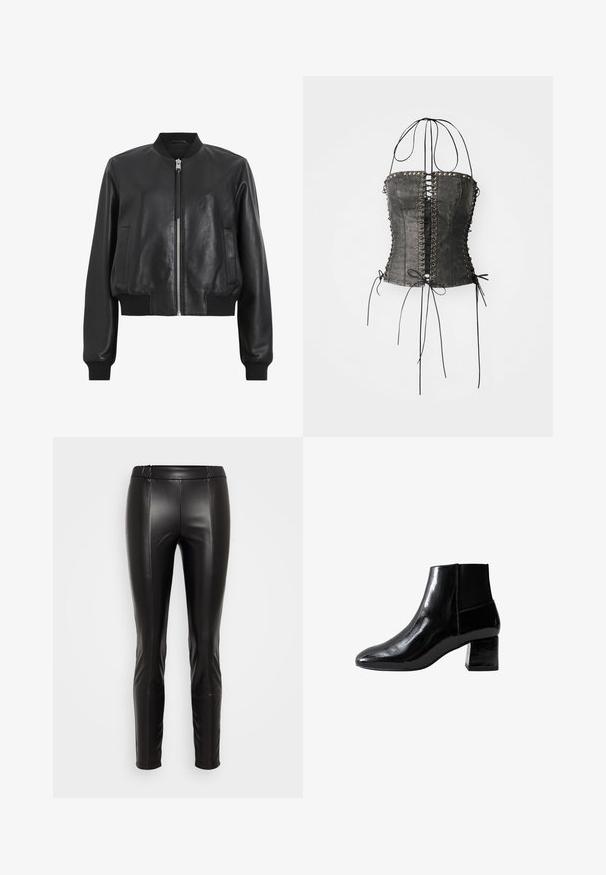 Chaqueta bomber de cuero negro con cremallera frontal, cuello y puños acanalados, que presenta dos bolsillos laterales. Textura suave y diseño corto.; Jaded London LONGLINE LACE UP HALTER CORSET - Top - black; Leggings de imitación de cuero negro con cintura elástica, silueta ajustada, textura suave y detalles de costura que recorren la parte delantera.; Botín de cuero negro con un acabado brillante, punta afilada y tacón de bloque de altura media. Cuenta con paneles laterales elásticos para facilitar su uso.