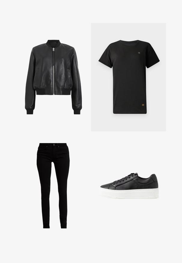 Sort læder bomberjakke med frontlynlås, ribbet krave og manchetter, der har to sidelommer. Glat tekstur og cropped design.; Sort bomulds T-shirt med korte ærmer og rund hals. Har et lille logo på brystet og et mærke i kanten. Klassisk pasform.; Sorte skinny jeans lavet af denim, med et klassisk fem-lomme design, en mellemhøj talje og subtile metalhardware-detaljer.; Sort læder sneakers med struktureret overflade, hvid gummisål, rund tå og snøre-design. Har syede detaljer og glat tunge.
