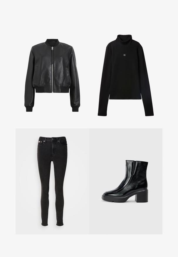 Sort læder bomberjakke med frontlynlås, ribbet krave og manchetter, der har to sidelommer. Glat tekstur og cropped design.; Sort ribstrikket bluse med lange ærmer og lille firkantet Calvin Klein-logo placeret centralt på brystet.; Sorte skinny jeans lavet af denim med en glat tekstur, der har fem-lomme-design, bæltestropper og lukning med metalknap.; Sorte patenterede læderankelstøvler med en buet tå, elastiske sidepaneler og en kraftig blokhæl. Har et præget logo på bagsiden.