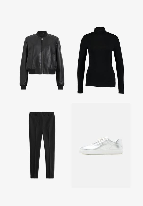Sort læder bomberjakke med frontlynlås, ribbet krave og manchetter, der har to sidelommer. Glat tekstur og cropped design.; Sort langærmet turtleneck top lavet af glat stof, med et tætsiddende design og høj hals, velegnet til lag-på-lag brug eller som en selvstændig beklædningsgenstand.; Sorte bukser i et glat, letvægtsstof. Har en skræddersyet pasform, forkantede folder og standard bæltestropper med sidelommer og baglommer.; Lavtskåret metallic sølv sneaker med hvid sål og snørebånd, glat tekstur og subtil præget branding på siden.