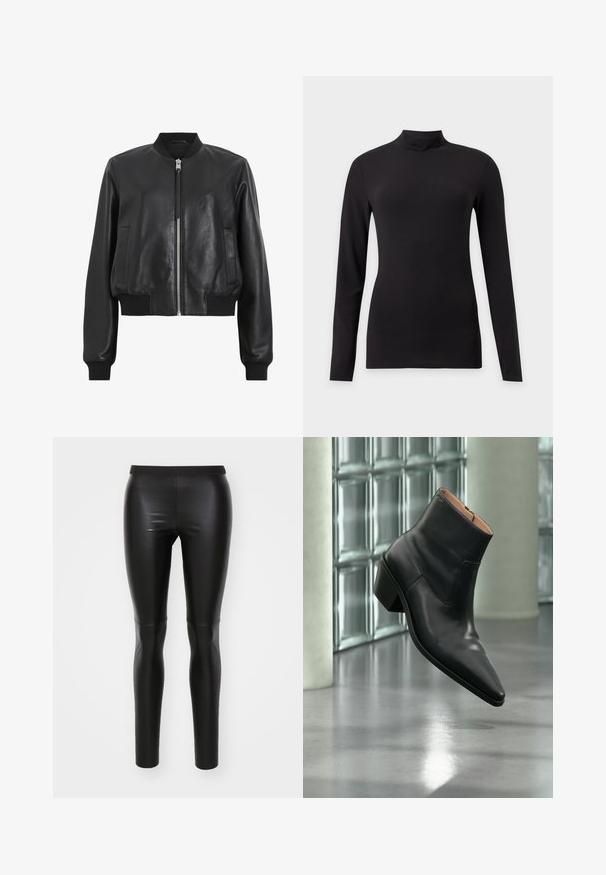 Chaqueta bomber de cuero negro con cremallera frontal, cuello y puños acanalados, que presenta dos bolsillos laterales. Textura suave y diseño corto.; Top negro ajustado de manga larga con cuello alto simulado, mostrado sobre un fondo liso gris claro.; Leggings negros hechos de un material suave y elástico con una cintura alta. Diseño ajustado, construcción sin costuras y sin bolsillos visibles.; Botín de piel negra con puntera puntiaguda y tacón cuadrado que levita sobre un suelo gris reflectante cerca de una pared de bloques de cristal.