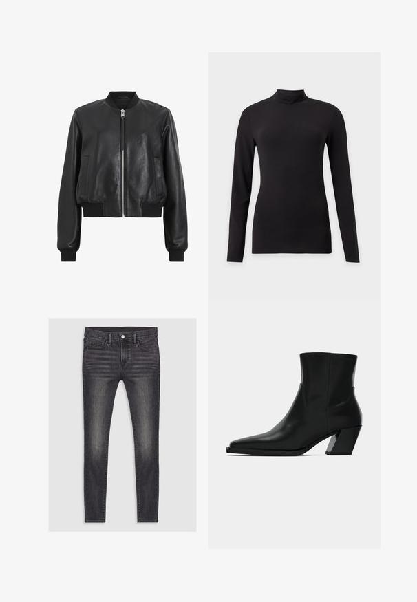 Chaqueta bomber de cuero negro con cremallera frontal, cuello y puños acanalados, que presenta dos bolsillos laterales. Textura suave y diseño corto.; Top negro ajustado de manga larga con cuello alto simulado, mostrado sobre un fondo liso gris claro.; Jeans oscuros de corte ajustado, con una ligera textura desgastada, cinco bolsillos y un cierre de botón en la cintura.; Bota de tobillo de cuero negro con punta afilada, una silueta elegante y un tacón cuadrado grueso. Textura suave con detalles de costura mínimos.