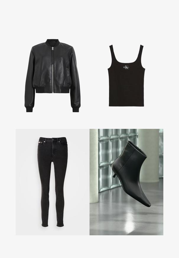 Chaqueta bomber de cuero negro con cremallera frontal, cuello y puños acanalados, que presenta dos bolsillos laterales. Textura suave y diseño corto.; Camiseta de tirantes negra con textura acanalada, tirantes anchos y logo de Calvin Klein en blanco en el centro del pecho, sobre fondo blanco.; Pantalones vaqueros negros ajustados de mezclilla con una textura suave, que cuentan con diseño de cinco bolsillos, presillas para cinturón y cierre de botón metálico.; Botín negro de cuero con punta puntiaguda y tacón bajo estilo kitten, mostrado en ángulo sobre un suelo pulido y con una pared de bloques de vidrio de fondo.
