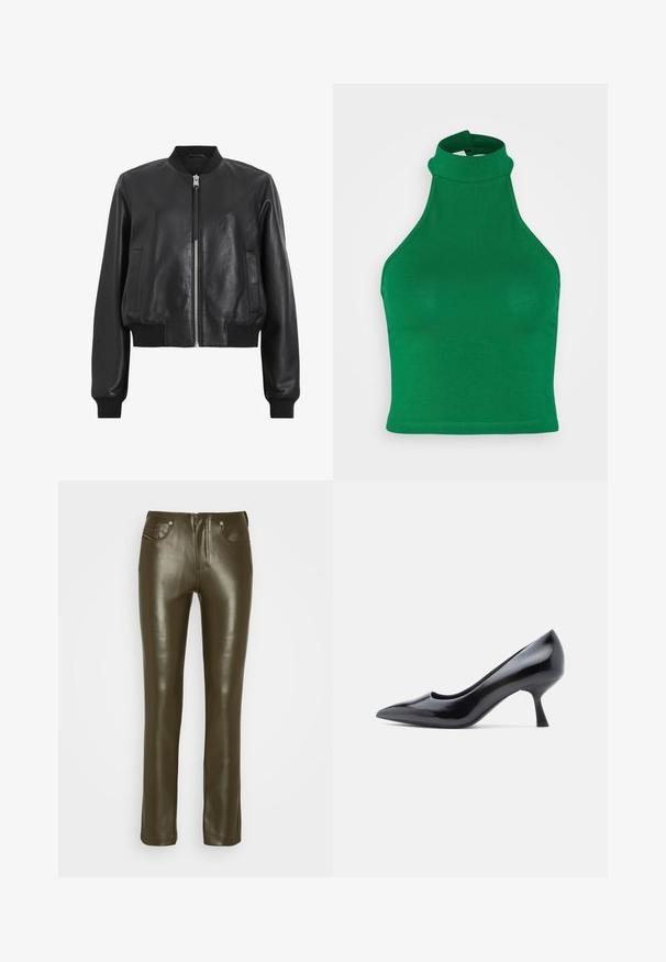 Sort læder bomberjakke med frontlynlås, ribbet krave og manchetter, der har to sidelommer. Glat tekstur og cropped design.; Neon & Nylon NAYA HALTER NECK - Top - green; Oliven grøn læderbukser med slim fit, fem-lomme design, klassisk knap- og lynlåslukning. Glat tekstur og lige benudskæring.; Sort laklæderstilet med spids tå og en mellemhøj stilet hæl. Glat tekstur og minimalistisk design uden synlige dekorationer.