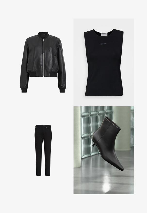 Veste bomber en cuir noir avec fermeture éclair à l'avant, col et poignets côtelés, dotée de deux poches latérales. Texture lisse et design court.; Top sans manches noir en tissu lisse. Doté d'un col rond et d'un petit logo Calvin Klein au centre. Design simple et ajusté.; Jean noir slim avec bouton et fermeture éclair à l’avant, avec poches avant et arrière et une petite étiquette sur la poche avant droite.; Bottine en cuir noir avec bout pointu et petit talon, présentée devant un mur en blocs de verre et un sol poli.