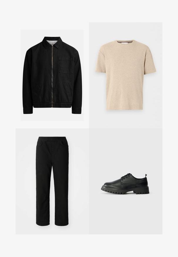 Chaqueta negra con cremallera y cuello, un bolsillo en el pecho, dos bolsillos laterales y un forro interior suave y texturado.; Camiseta de algodón beige de manga corta y cuello redondo con textura horizontal sutil, mostrada sobre fondo blanco.; Pantalones de algodón negros con un ajuste relajado, cinturilla elástica, dos bolsillos delanteros y piernas rectas. Textura suave sin patrones visibles.; Zapatos de cuero negro con cordones, punta redondeada, superficie texturizada y suela de goma gruesa con profundos surcos para mejor agarre.