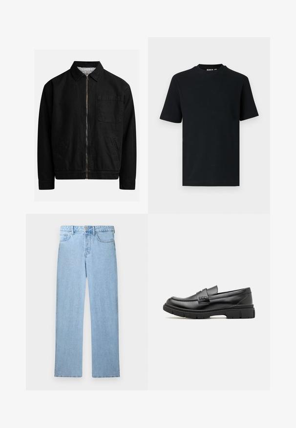 Chaqueta negra con cremallera y cuello, un bolsillo en el pecho, dos bolsillos laterales y un forro interior suave y texturado.; Camiseta negra de manga corta con tejido de canalé, cuello redondo y una pequeña etiqueta visible en el interior del cuello.; Vaqueros de mezclilla azul claro de tiro alto y pierna recta con cierre frontal de botón y cremallera, y diseño de cinco bolsillos sobre fondo blanco.; Mocasin de cuero negro con una cinta ancha en el empeine, suela de goma con tacos gruesos y textura suave. Diseño clásico y elegante.