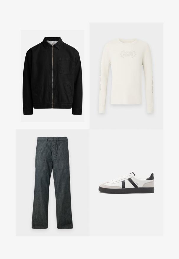 Chaqueta negra con cremallera y cuello, un bolsillo en el pecho, dos bolsillos laterales y un forro interior suave y texturado.; Camiseta de manga larga color crema con tejido acanalado y "DODGE DEMON" bordado en el frente, con gráficos impresos en la manga derecha. Textura suave.; Pantalones de pierna ancha en gris oscuro con rayas verticales, grandes bolsillos frontales con parche, pasadores para cinturón y cremallera en la parte delantera.; Zapatilla blanca con acentos en negro y gris, que presenta una puntera texturizada en gris, suela de goma negra y cordones planos blancos. Diseño limpio, estilo minimalista.