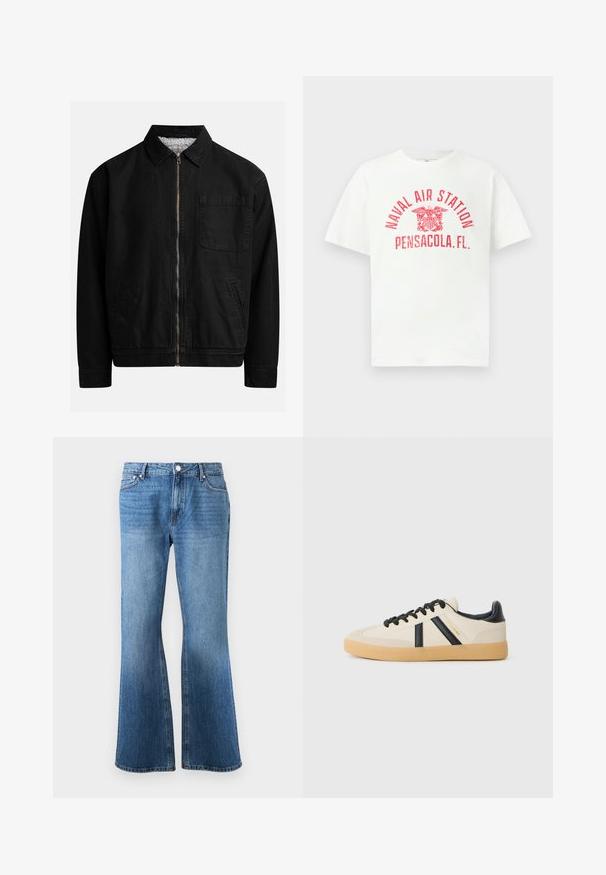 Chaqueta negra con cremallera y cuello, un bolsillo en el pecho, dos bolsillos laterales y un forro interior suave y texturado.; Camiseta blanca de manga corta con el texto rojo "ESTACIÓN AÉREA NAVAL PENSACOLA, FL." y un emblema de águila en el centro delante.; Vaqueros de mezclilla azul con una cintura alta y corte de pierna ancha, que presentan bolsillos frontales, pasadores para cinturón y un cierre de botón.; Zapatillas casuales en crema con rayas negras, con parte superior texturizada y suela de goma. Los cordones son negros. Logo sutil en el costado.