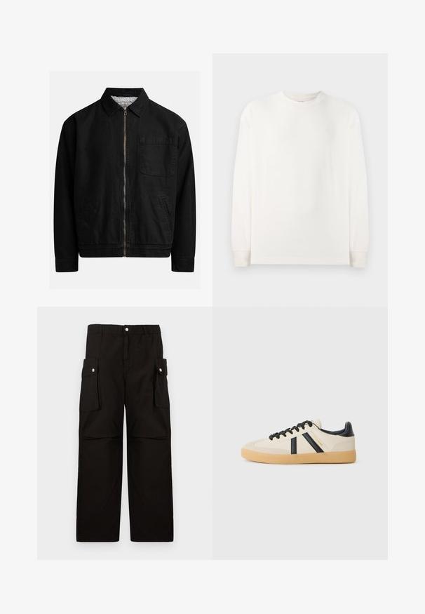 Chaqueta negra con cremallera y cuello, un bolsillo en el pecho, dos bolsillos laterales y un forro interior suave y texturado.; Camiseta blanca de manga larga hecha de algodón suave. Presenta un cuello redondo y puños acanalados, con detalles de costura sutiles. Sin patrones visibles.; Pantalones cargo negros de tela suave, con una cinturilla elástica, bolsillos laterales con solapas y un diseño holgado de pierna recta.; Zapatillas casuales en crema con rayas negras, con parte superior texturizada y suela de goma. Los cordones son negros. Logo sutil en el costado.