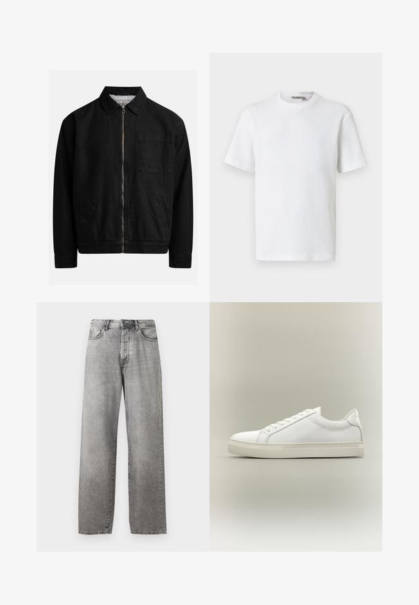 Chaqueta negra con cremallera y cuello, un bolsillo en el pecho, dos bolsillos laterales y un forro interior suave y texturado.; Camiseta blanca de manga corta con cuello redondo y tejido de waffle, con una pequeña etiqueta de la marca en el interior del cuello, mostrada sobre un fondo liso.; Jeans de pierna ancha gris hechos de mezclilla. Presentan una cintura alta, cinco bolsillos y un cierre de botón y cremallera. Desgastado sutil en toda la tela.; Zapatilla blanca de perfil bajo con cordones en la parte delantera y suela gruesa, mostrada de lado sobre un fondo neutro.
