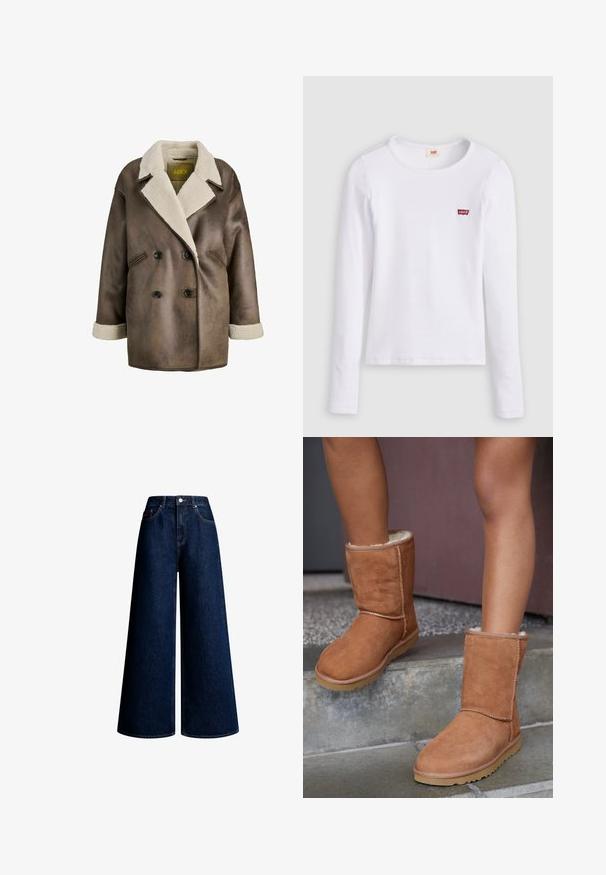 Bruine faux leren jas met dubbele knopen, een grote kraag gevoerd met crèmekleurige schapenvacht, en ruime mouwen met schapenvachtaccenten.; Wit Levi's shirt met lange mouwen, ronde hals en klein rood Levi's-logo op de linkerborst, afgebeeld op een effen achtergrond.; Donkerblauwe wijde jeans met hoge taille, knoopsluiting en klassiek vijfzakkenontwerp, weergegeven op een witte achtergrond.; Bruine suède enkellaarsjes met een ronde neus, zachte voering en een rubberen zool, met zichtbaar stiksel langs de naden.