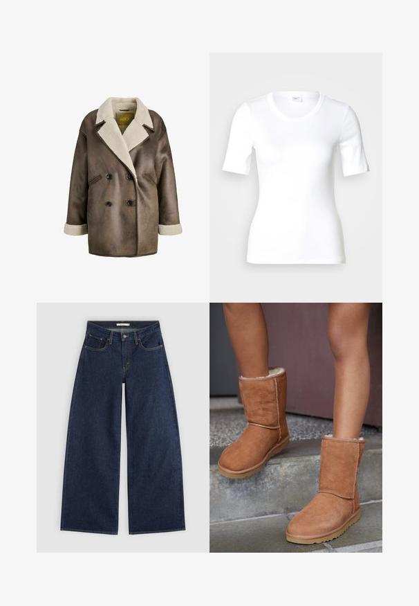 Abrigo de imitación cuero marrón con botones de doble pecho, gran cuello forrado con piel de oveja crema y mangas anchas con detalles de piel de oveja.; Camiseta blanca de manga corta hecha de algodón liso, con escote redondo y forma ajustada. Diseño clásico, sin estampados ni adornos.; Vaqueros azul oscuro de corte ancho con bolsillos delanteros, trabillas para cinturón y cierre de botón, mostrados extendidos sobre un fondo claro.; Botas de tobillo de ante marrón con punta redonda, forro suave y suela de goma, con detalles de costura visibles a lo largo de las costuras.