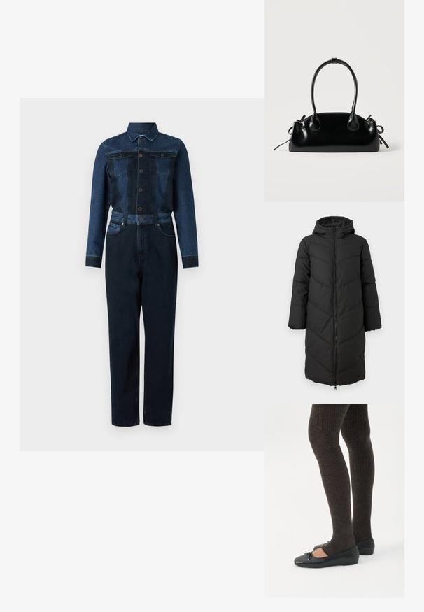 Zwarte lange pufferjas met een rits aan de voorkant, capuchon en een chevronpatroon. Heeft brede mouwen en een gladde, geïsoleerde textuur.; Denim jumpsuit in een diepblauwe kleur, met lange mouwen, knoopsluiting aan de voorkant, kraag en een ceintuur in de taille met twee borstzakken.; Benen met donkere geribbelde leggings gecombineerd met zwarte ballerina's met kleine strikdetails op een witte achtergrond.; Kleine zwarte glanzende handtas met twee lange hengsels en zijkant trekkoord details op een effen lichte achtergrond.