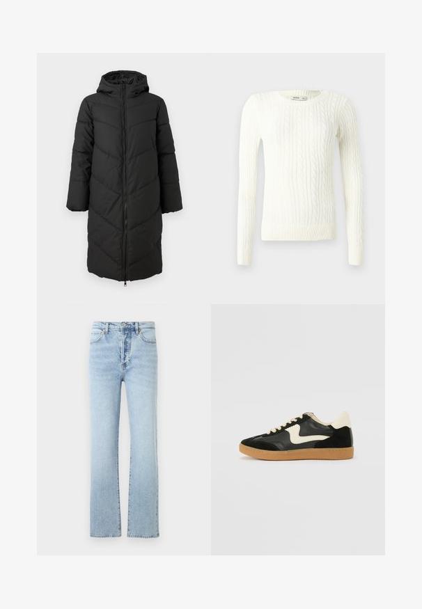 Sort lang pufferjakke med lynlås foran, hætte og chevronmønster. Har brede ærmer og en glat, isoleret tekstur.; Hvid kabelstrikket sweater med lange ærmer, rund halsudskæring og ribbet kant. Fremstillet af tekstureret stof med en klassisk, tætsiddende pasform.; Lys blå denim jeans med lige ben-design, featuring høj talje, klassisk fem-pockets stil, og subtil falmning.; Sorte ruskinds- og lædersneakers med en cremefarvet side-swoosh og lys cremefarvet hæl. Har beige snørebånd og en gummirubber-sål.