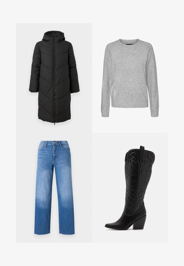 Sort lang pufferjakke med lynlås foran, hætte og chevronmønster. Har brede ærmer og en glat, isoleret tekstur.; Grå strikket sweater med lange ærmer, rund hals og ribbede manchetter. Har en glat tekstur og en let løs pasform.; Lyseblå denimjeans med vid benåbning, der har fem lommestile, lynlås i gylpen og diskret falmning på lårene. Rene kantfinish.; Sorte knæhøje støvler i læder med spids snude og lagdelt hæl. Har dekorative syninger og buede designelementer.
