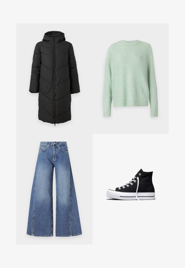 Musta pitkä untuvatakki, jossa on vetoketju edessä, huppu ja chevron-kuvio. Varustettu leveillä hihoilla ja sileällä, eristetyllä pinnalla.; American Eagle CLASSIC CREW SHAKER - Neule - turquoise; Vaaleansiniset leveät farkut. Valmistettu teksturoidusta puuvillasta, korkea vyötärö, etutaskut ja erottuvat sivusaumat.; Musta korkeavartinen kangastennari, jossa valkoinen kumipohja ja valkoiset nauhat, esitetty sivusta valkoisella taustalla.