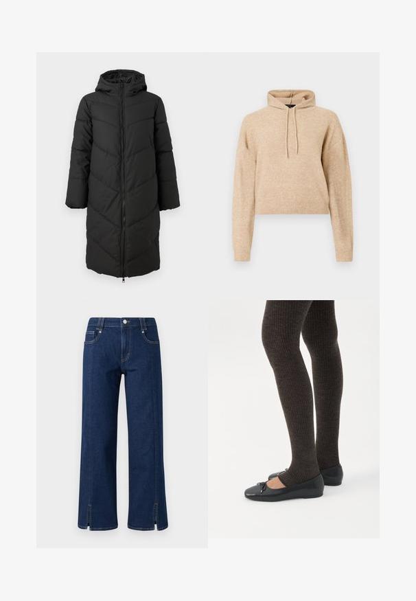 Sort lang pufferjakke med lynlås foran, hætte og chevronmønster. Har brede ærmer og en glat, isoleret tekstur.; Beige cropped striktrøje med lange ærmer og snorhætte, præsenteret på en hvid baggrund.; Mørkeblå denim wide-leg jeans med høj talje, der har sidelommer, frontlukning med knap og slidser i kanten for ekstra detaljer.; Ben iført mørke ribbede leggings kombineret med sorte balletsko med små sløjfedetaljer på hvid baggrund.