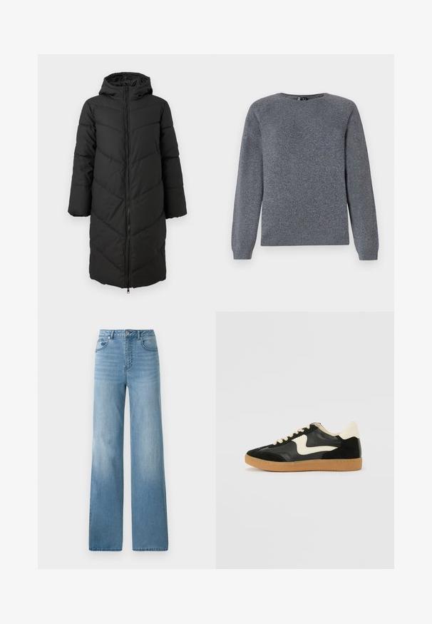 Zwarte lange pufferjas met een rits aan de voorkant, capuchon en een chevronpatroon. Heeft brede mouwen en een gladde, geïsoleerde textuur.; Pieces PCBREE O NECK - Trui - dark grey melange; Lichtblauwe high-waisted jeans met een rechte pasvorm. Gemaakt van denim, met vijf zakken en een knoopsluiting.; Zwarte suède en leren sneaker met een crèmekleurige zij-swoosh en lichte crèmekleurige hiel. Voorzien van beige veters en een gumrubberen zool.