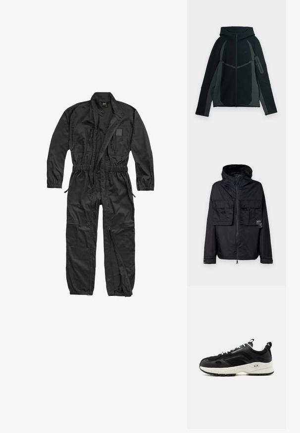 Veste zippée noire avec capuche, dotée de deux poches avant sur la poitrine, d'un label sur la poche gauche et d'une texture lisse et brillante.; Brandit BRANDIT HERREN EINSATZKOMBI - Combinaison - black; Haut de survêtement noir et gris foncé avec fermeture éclair à l'avant, grande capuche et poche à fermeture éclair sur le côté. Présente un design structuré et des panneaux contrastants.; Baskets noir et blanc Armani Exchange avec panneaux en mesh, lacets blancs et semelle épaisse avec le logo A|X au talon.