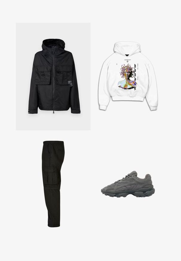 Chaqueta negra con cremallera y capucha, que cuenta con dos bolsillos delanteros en el pecho, una etiqueta en el bolsillo izquierdo y una textura lisa y brillante.; Sudadera blanca con capucha que presenta un gráfico colorido de Medusa con patrones en espiral y acentos de texto en la parte frontal.; Pantalones cargo negros con un corte relajado, cintura elástica, bolsillos laterales y un gran bolsillo cargo en el muslo. Tejido suave y ligero.; Zapatilla de ante gris con parte superior texturizada, líneas elegantes y suela de goma oscura con tacos puntiagudos para tracción. Marca mínima visible.