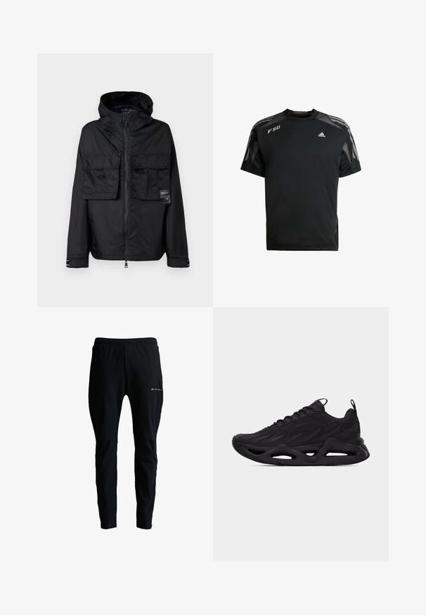 Sort zip-jakke med hætte, der har to frontlommer på brystet, et mærke på venstre lomme og en glat, blank overflade.; Sort atletisk T-shirt lavet af letvægtsstof, med mesh skulderpaneler, korte ærmer og hvide adidas og F50 logoer.; Sorte atletikbukser med elastisk talje, smalle ben og et lille "Monterrain"-logo på det øverste lår.; Sort atletiksko med tekstureret overdel, snøredesign, trækflapper på tunge og hæl samt en formet sål med udskårne detaljer.