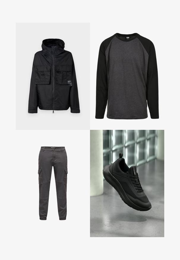 Sort zip-jakke med hætte, der har to frontlommer på brystet, et mærke på venstre lomme og en glat, blank overflade.; Langærmet T-shirt med en mørkegrå krop og sorte raglanærmer, lavet af blødt stof med rund hals og casual pasform.; Cargo-bukser i mørkegrå, lavet af bomuldsblanding. Har elastiske manchetter, flere sidelommer og detaljer med kontrastsyning.; Sort Calvin Klein sneaker med mesh og solide paneler, snørebånd og trækflig, svævende over en poleret betongulv nær glassten.