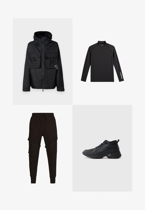 Veste zippée noire avec capuche, dotée de deux poches avant sur la poitrine, d'un label sur la poche gauche et d'une texture lisse et brillante.; Haut de sport noir à manches longues avec col montant, coupe ajustée, et logo blanc "J.Lindeberg" sur la manche gauche et le col.; Pantalons cargo noirs avec taille élastique à cordon, poches latérales et accents texturés sur les poches cargo et les sangles. Poignets ajustés aux chevilles.; Chaussures de sport noires en matériau synthétique. Dotées d'un col rembourré, d'un embout rond, d'une semelle extérieure robuste avec traction, et d'un détail avec le logo de la marque.