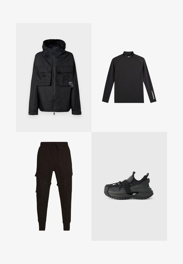 Veste zippée noire avec capuche, dotée de deux poches avant sur la poitrine, d'un label sur la poche gauche et d'une texture lisse et brillante.; Haut de sport noir à manches longues avec col montant, coupe ajustée, et logo blanc "J.Lindeberg" sur la manche gauche et le col.; Pantalons cargo noirs avec taille élastique à cordon, poches latérales et accents texturés sur les poches cargo et les sangles. Poignets ajustés aux chevilles.; Emporio Armani Baskets basses - black