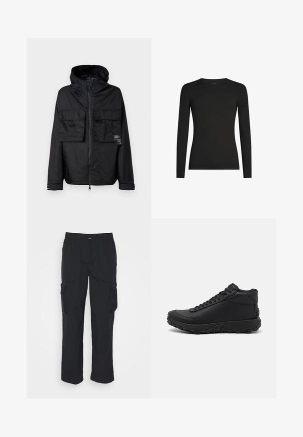 Veste zippée noire avec capuche, dotée de deux poches avant sur la poitrine, d'un label sur la poche gauche et d'une texture lisse et brillante.; Chemise noire à manches longues, ajustée, avec col ras du cou, arborant un logo Icebreaker discret sur la manche gauche, présentée sur un fond blanc.; Pantalons cargo noirs en tissu tissé. Dotés d'une taille réglable, de poches latérales et de deux poches utilitaires avec zips.; Baskets montantes noires en cuir texturé, avec une semelle en caoutchouc épaisse dotée de motifs de traction et un design à lacets. Accent rouge sur la languette.