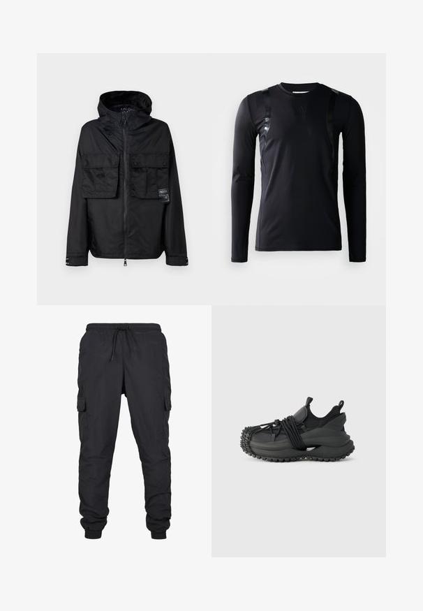 Zwarte zip-up jas met een capuchon, met twee voorzakken op de borst, een label op de linker zak en een gladde, glanzende textuur.; Zwarte lange-mouwen sportshirt gemaakt van glad, rekbaar materiaal. Kenmerkt zich door glanzende zwarte accenten op de schouders en een Adidas-logo op de borst.; Zwarte cargobroek met een elastische tailleband en trekkoord, voorzien van zijzakken en geribbelde uiteinden. Gemaakt van lichtgewicht, duurzaam materiaal.; Emporio Armani Sneakers laag - black