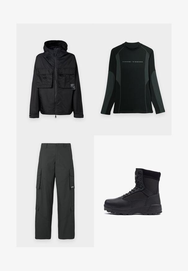 Veste zippée noire avec capuche, dotée de deux poches avant sur la poitrine, d'un label sur la poche gauche et d'une texture lisse et brillante.; Chemise noire à manches longues avec col haut, fabriquée en tissu texturé. Présente des panneaux latéraux gris et le logo "NIKE TECH" sur la poitrine.; Pantalons cargo noirs à jambes droites avec poches latérales à rabat, fermeture à bouton, passants de ceinture et petit logo blanc sur le rabat de la poche droite.; Botte tactique noire avec une tige en cuir lisse et des panneaux en tissu, design montante, fermeture à lacets à l'avant et semelle en caoutchouc robuste.