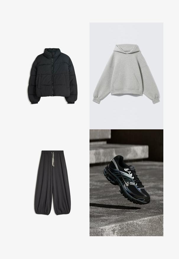 Sort pufferjakke med høj krave, polstret design, frontlynlås og to sidelommer. Har elastiske manchetter og letvægtsmateriale.; Lysegrå oversized hættetrøje med front kangurulomme, ribkanter og en foldet hætte, vist mod en ensfarvet baggrund.; Løse mørkegrå bukser med elastisk taljebånd, hvid snor og elastiske manchetter ved anklerne, vist på en hvid baggrund.; Sort og sølv Nike løbesko svævende over betontrappe, viser detaljeret design og tekstureret sål i udendørs omgivelser.