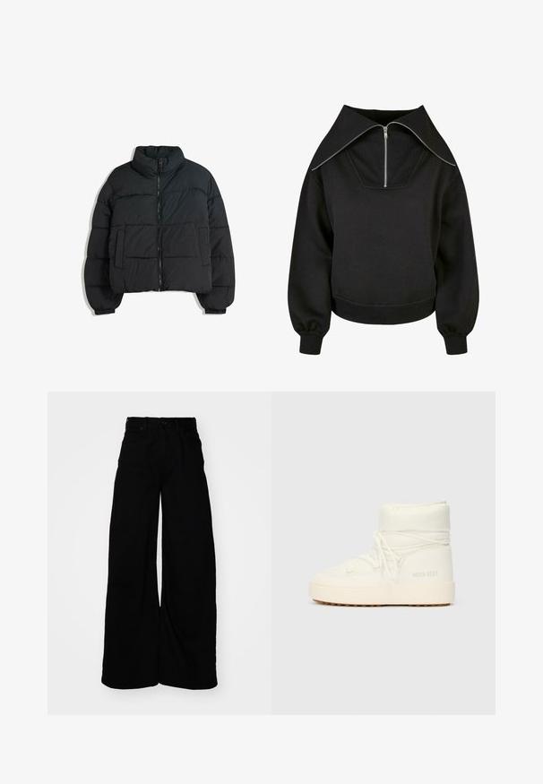 Schwarze Steppjacke mit hohem Kragen, gepolstertem Design, Reißverschluss vorne und zwei seitlichen Taschen. Verfügt über elastische Bündchen und ein leichtes Material.; Schwarzer Pullover mit weitem Kragen, halbem Reißverschluss und gerippten Bündchen. Weicher Stoff, lockere Passform und ein markantes Design des Vorderpanels.; Schwarze Denim-Hosen mit weitem Bein und hoher Taille, ausgestattet mit Gürtelschlaufen, fünf Taschen und einem sauberen, strukturierten Finish.; Weiße Knöchelstiefel mit runder Zehenpartie, strukturiertem Stoff, elastischem Bund und Gummisohle. Mit Schnürsenkeln und einem "MOON BOOT"-Logo an der Seite.